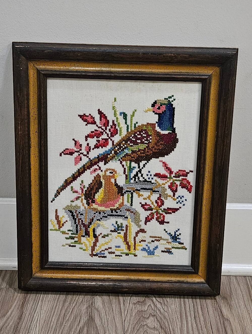 Vintage Framed Pheasant Cross Stitch Embroidery Hand Stitched Bird Needlework